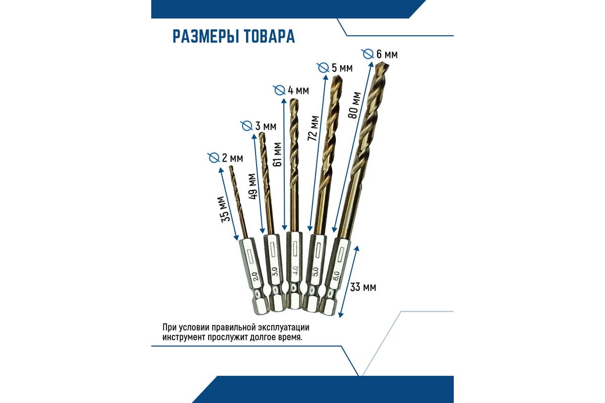 Набор сверл по металлу с шестигранным хвостовиком 5 шт 2 3 4 5 6