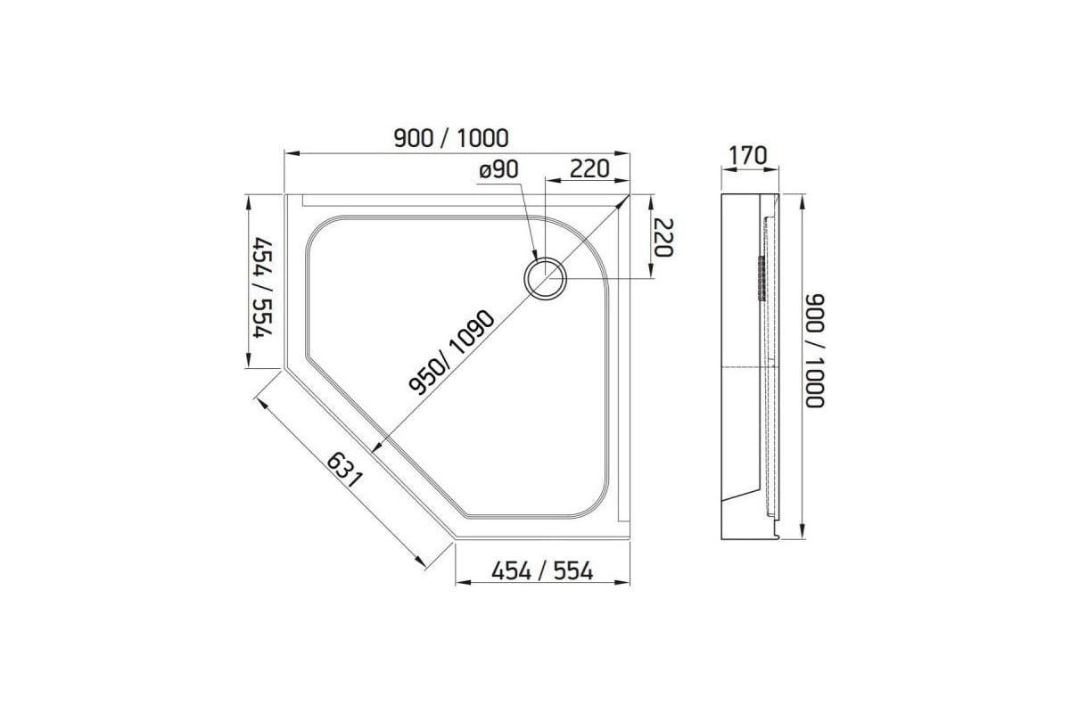 Поддон Alex Baitler пятиугольный в сборе 900x900x170 AB9017V 1