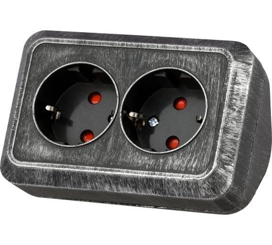 Изображение товара Угловая двойная розетка TDM ELECTRIC 2П+3, открытой установки, с защитными шторками, IP20, 250В, 16А, серебро "Ладога" SQ1801-0390