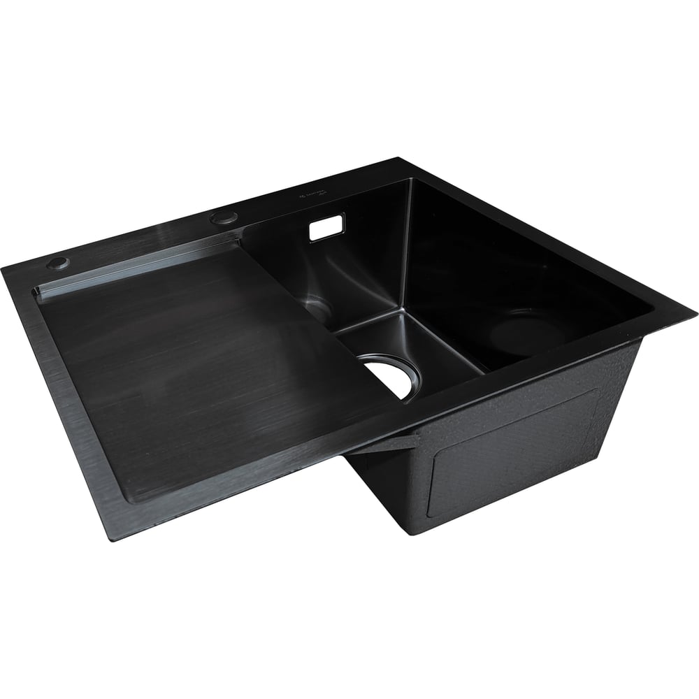 Изображение товара Мойка SANTREK AQUA нержавеющая сталь, врезная, 600x500x220 т 3,0 ЧЕРНАЯ D6050HRB правая (+ сифон + дозатор) + коландер 440x220 318398