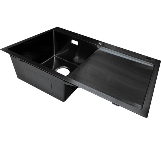 Изображение товара Мойка SANTREK AQUA нержавеющая сталь, врезная, 780x480x220 т 3,0 ЧЕРНАЯ D7848HLB левая (+ сифон +дозатор) + коландер 420x220 318399