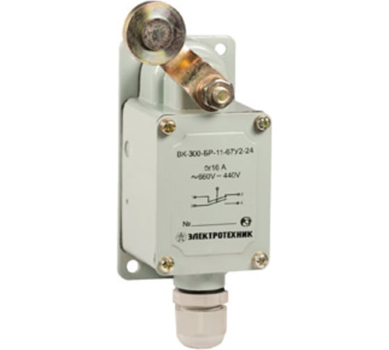 Изображение товара Путевой выключатель Электротехник Вк-300-бр-11-67у2-11, рычаг с роликом, с сальником, ход вправо, самовозврат, ступень 1- 41мм, ip67/ ET502348