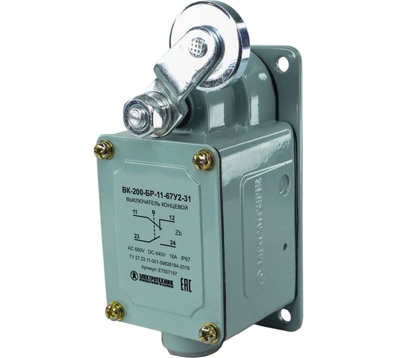 Изображение товара Путевой выключатель Электротехник Вк-200-бр-11-67у2-31, рычаг с роликом, без сальника, ход вправо, самовозврат, ступень 3- 61мм, ip67/ ET507197