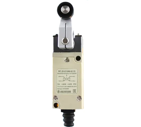 Изображение товара Путевой выключатель Электротехник Вп 25-2118м-65 у2, рычаг с пластиковым роликом, 1з и 1р, безинерционный, 21x56 мм, 3а, ip65/ ET003891