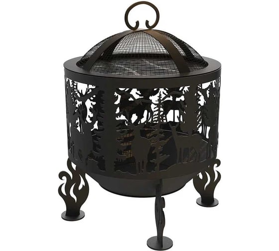 Изображение товара Комплект: костровая чаша с крышкой искрогасителем и решеткой гриль FIRE-HOUSE олени диаметр 60 см Ch6-600олени