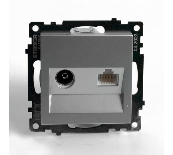 Изображение товара Розетка телевизионная + компьютерная RJ-45 STEKKER (механизм), gls00-7106-03, 75 ом, 5-862мгц, серия катрин, серебро, 49183