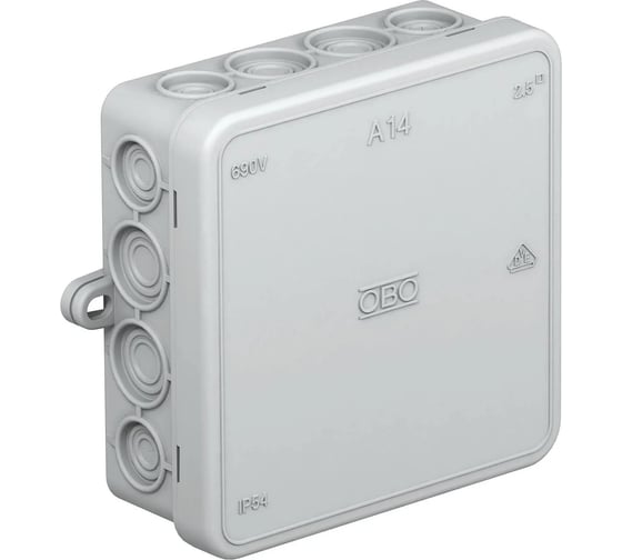 Изображение товара Распределительная коробка OBO Bettermann A14, 100x100x40 мм, IP55, 16 каб вводов, крышка без винтов, серая AP10 10 шт 2000378