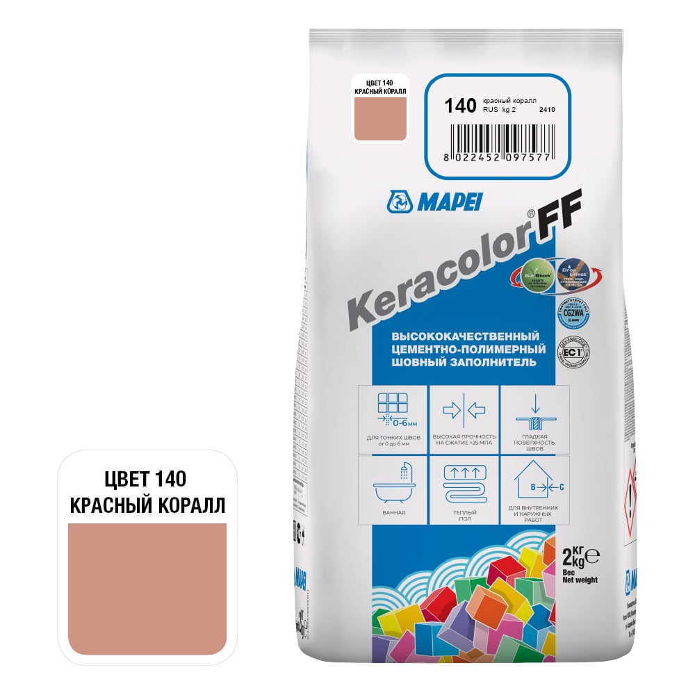 Изображение товара Затирка MAPEI KERACOLOR FF №140 красный коралл 2 кг цементно-полимерная