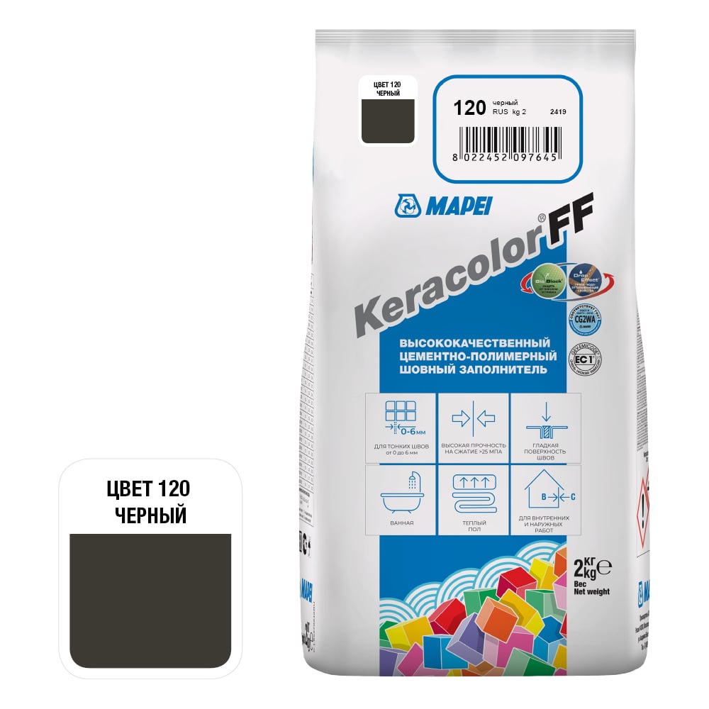 Изображение товара Затирка MAPEI KERACOLOR FF No 120, 2 кг, черный - влагостойкая для внутренних и наружных работ