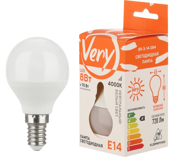 Изображение товара Светодиодная лампа Very шар GL45, 8Вт, 4000К, E14, 1 шт. 89-3-14-084