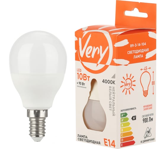Изображение товара Светодиодная лампа Very шар gl45,10вт, 4000к, e14, 1 шт. 89-3-14-104