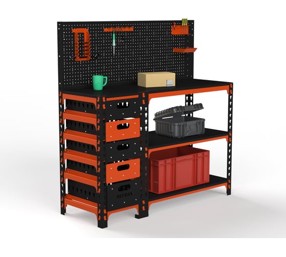 Изображение товара Стол-верстак ООО Металекс c одной тумбой 950x1000x400 + перфопанель с комплектом аксессуаров оранжево-чёрный 111175
