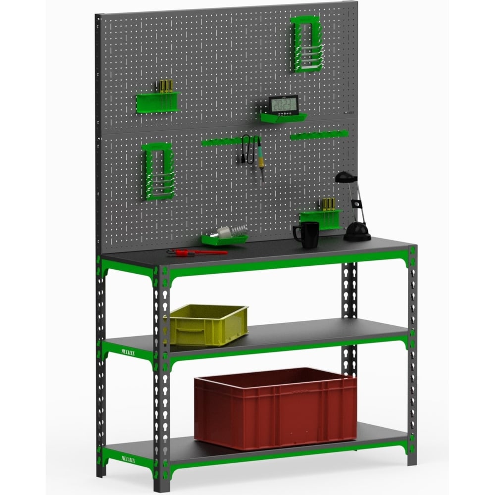 Изображение товара Стол-верстак ООО Металекс 950x1600x400 мм с двумя полками и перфопанелью