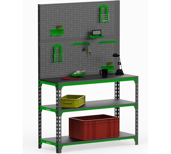 Изображение товара Стол-верстак ООО Металекс 950x1600x600 мм, две полки + двойная перфопанель, с комплектом аксессуаров SVPIIPRIIA951660