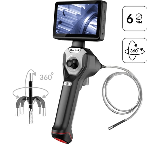 Изображение товара Управляемый видеоэндоскоп iCarTool экран 4.5", 1Мп, 1280x720, 1м, 6мм зонд, поворот камеры 4х360° IC-VC106AW