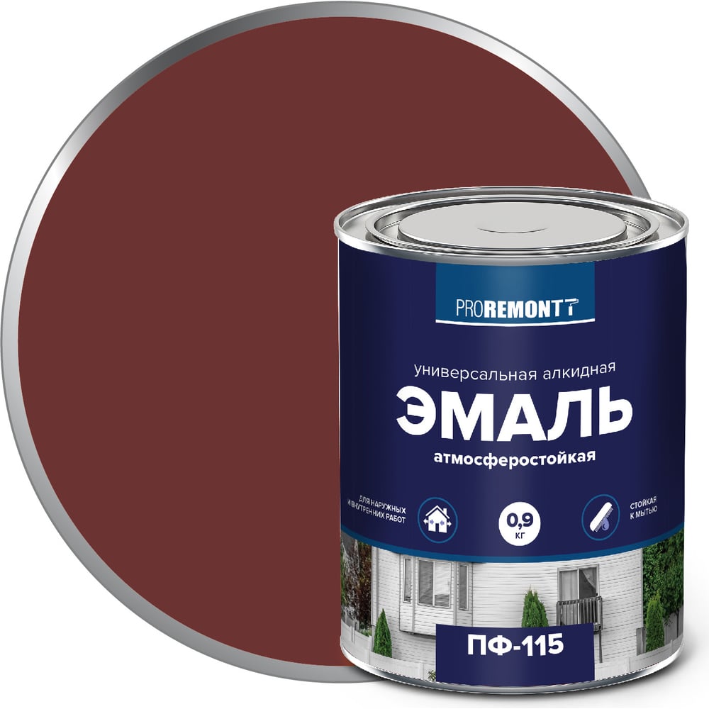 Изображение товара Эмаль Proremontt ПФ-115 красно-коричневая углубленная 0.9 кг для внутренних и наружных работ