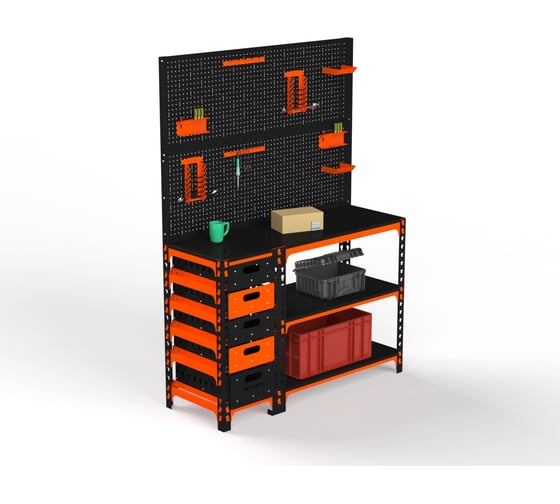 Изображение товара Стол-верстак ООО Металекс c одной тумбой, 950x1000x600 мм + двойная перфопанель с комплектом аксессуаров оранжево-чёрный 111195