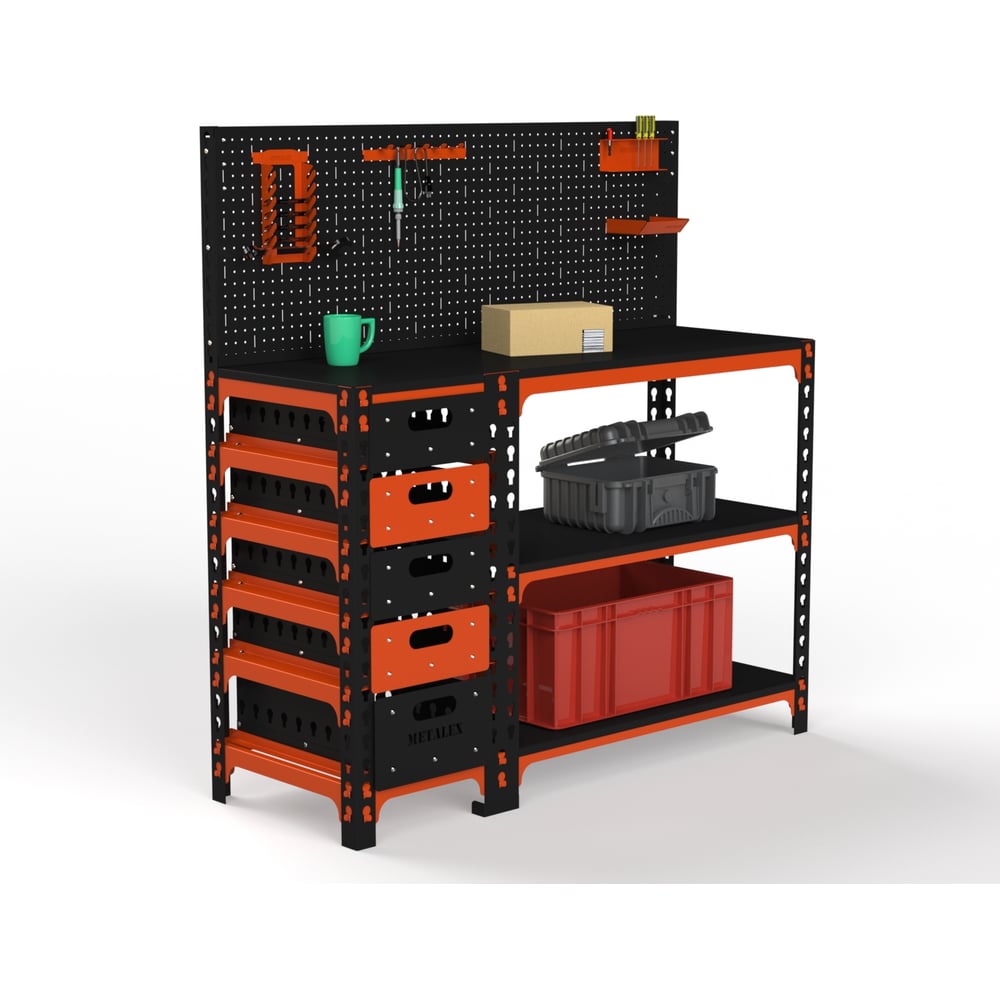Изображение товара Стол-верстак ООО Металекс с тумбой и перфопанелью 950x1600x400 мм черно-оранжевый
