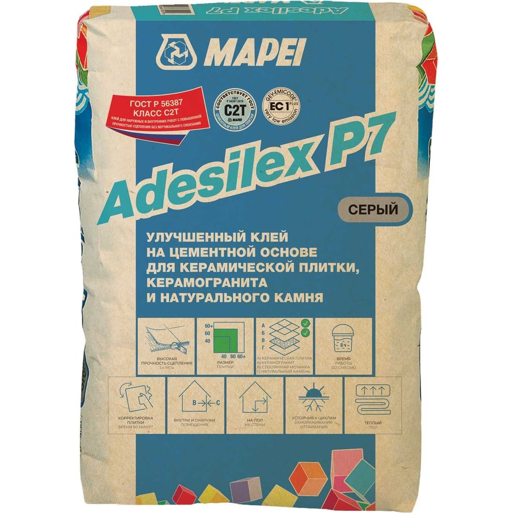 Adesilex P7 - клей на цементной основе предназначенный для укладки керамической плитки и мозаики, керамогранита на пол, стены и потолок внутри и вне помещений. Подходит также для точечного приклеивания таких изоляционных материалов как пенополистирол и минеральная вата, цементно-стружечной плиты, звукоизоляционные панели и пр.