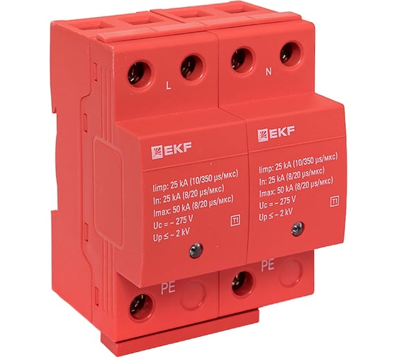 Изображение товара Устройство защиты от импульсных перенапряжений EKF Класс 1 Iimp 25kA (10/350μs) 2P spd-t1-2p