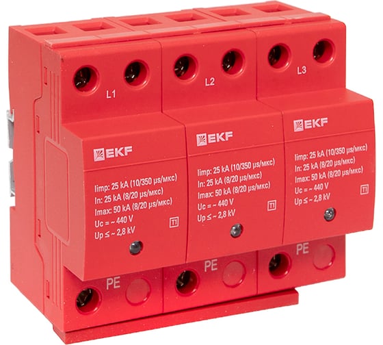 Изображение товара Устройство защиты от импульсных перенапряжений EKF Класс 1 Iimp 25kA (10/350μs) 3P spd-t1-3p