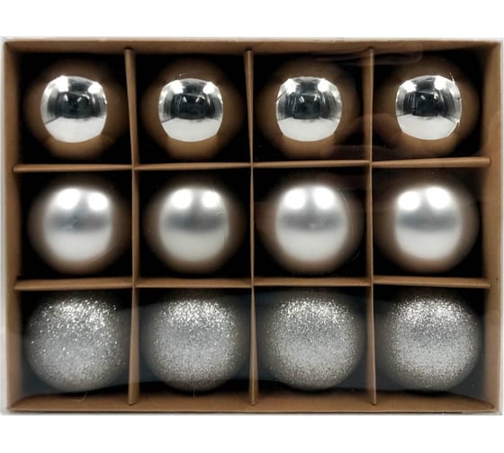 Изображение товара Набор елочных шаров Winter Glade пластик, 6 см, 12 шт., серебряный микс 6012G002