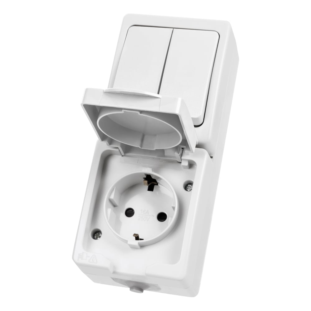 Изображение товара Вертикальный блок TDM ELECTRIC Вуокса 2-х клавишный выключатель и розетка 2П+З IP54