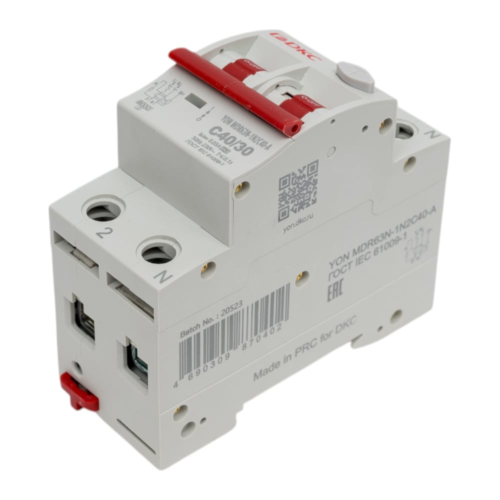 Изображение товара Автоматический выключатель дифференциального тока YON MDR63N 1P+N 40A 30мА 6kA IP20