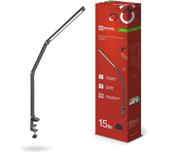 Изображение товара Настольный светодиодный светильник IN HOME plus ссc-02ч 15вт 3000-6500к 600лм usb, с адаптером, струбц черный 4690612045269
