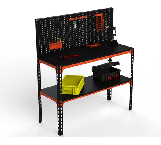 Изображение товара Стол-верстак с перфопанелью и комплектом аксессуаров ООО Металекс 950x1300x600 мм, одна полка, оранжево-чёрный 111076