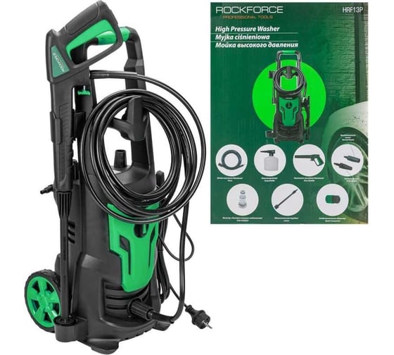 Изображение товара Электрическая мойка высокого давления Rockforce 230-240в, 1800 вт, номинальный расход 5.5 л/мин., максимальное давление 135 бар, рабочее давление 90 бар, шланг 6 м, шнур 5 м RF-HRF13P(56479)
