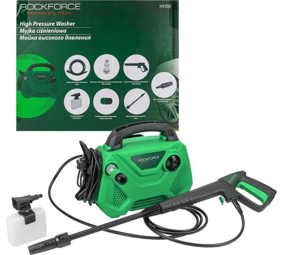 Изображение товара Электрическая мойка высокого давления Rockforce 230-240в,1400 вт,номинальный расход 5 л/мин., максимальное давление 105 бар, рабочее давление 70 бар, шланг 3 м,шнур 5 м RF-HY49E(56477)