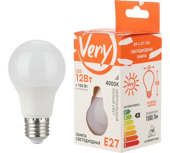 Изображение товара Светодиодная лампа Very груша A60, 12Вт, 4000К, E27, (шт.) 89-1-27-124
