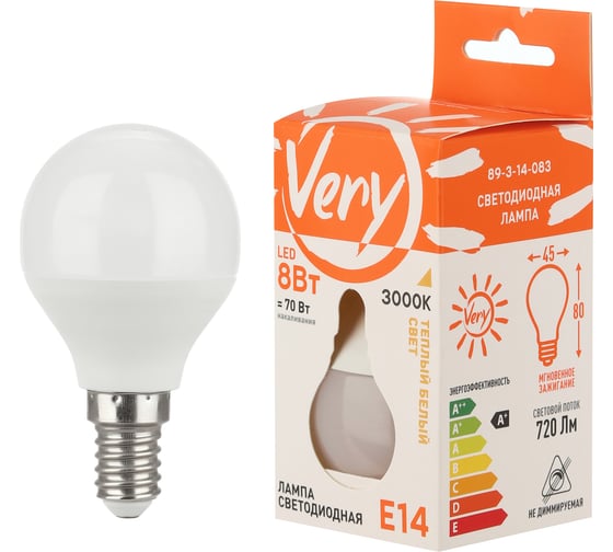 Изображение товара Светодиодная лампа Very шар GL45, 8Вт, 3000К, E14, (шт.) 89-3-14-083