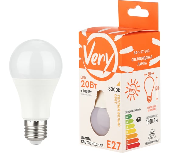 Изображение товара Светодиодная лампа Very груша A60, 20Вт, 3000К, E27, (шт.) 89-1-27-203