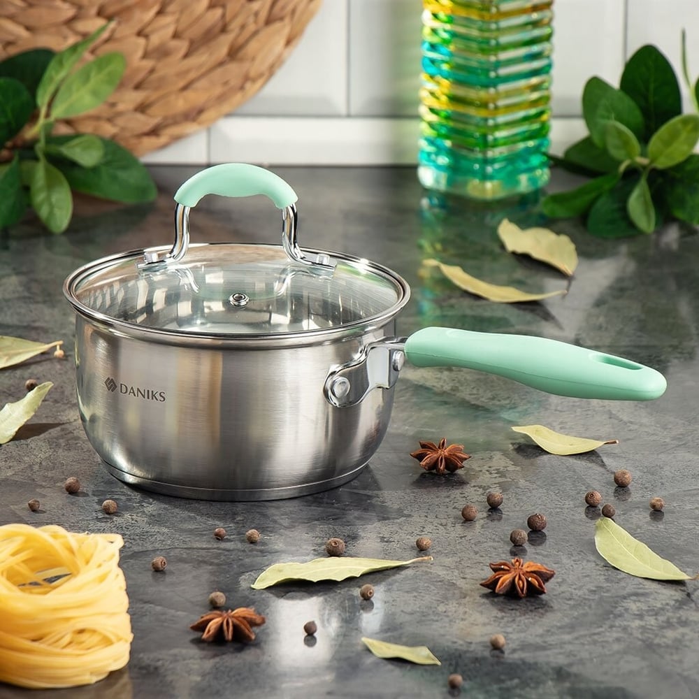 Изображение товара Нержавеющий ковш DANIKS 1.7 л с крышкой стекло и силиконовыми ручками