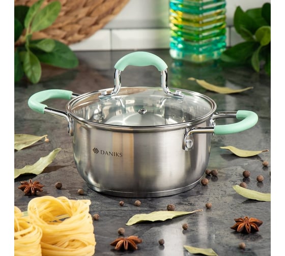 Изображение товара Нержавеющая кастрюля DANIKS 1.7 л, крышка стекло, силиконовая мятная ручка, круглая, гринери, sd-23-16, индукция 451814