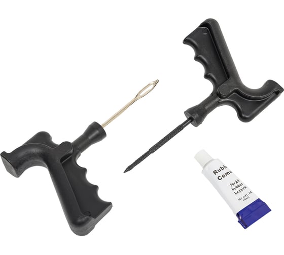 Изображение товара Набор инструментов для ремонта шин Rockforce 8пр. (шило,протяжка-"мелкая спираль",шнуры-5шт,клей), в блистере RF-STK-28(52323)