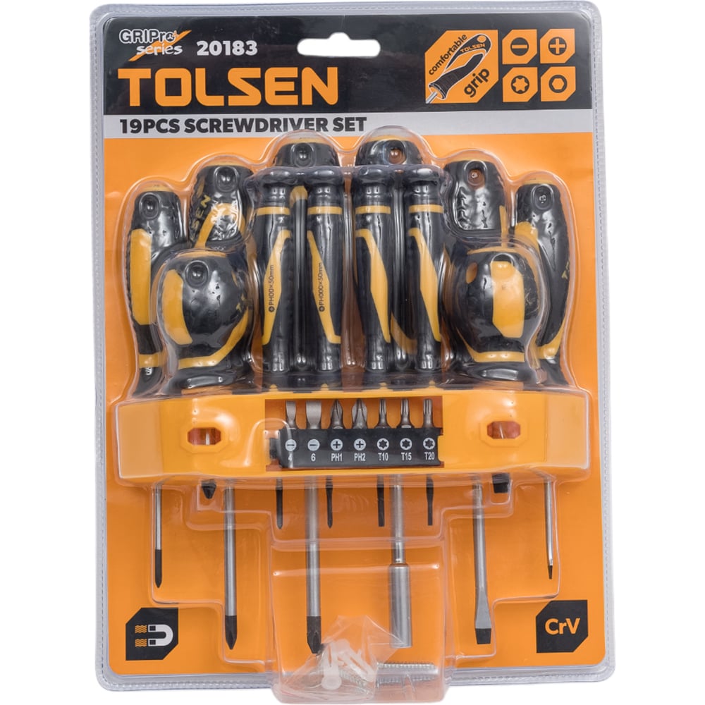 Изображение товара Набор отверток и вставок TOLSEN GRIPro 19 предметов, гибкая рукоять, магнитный наконечник