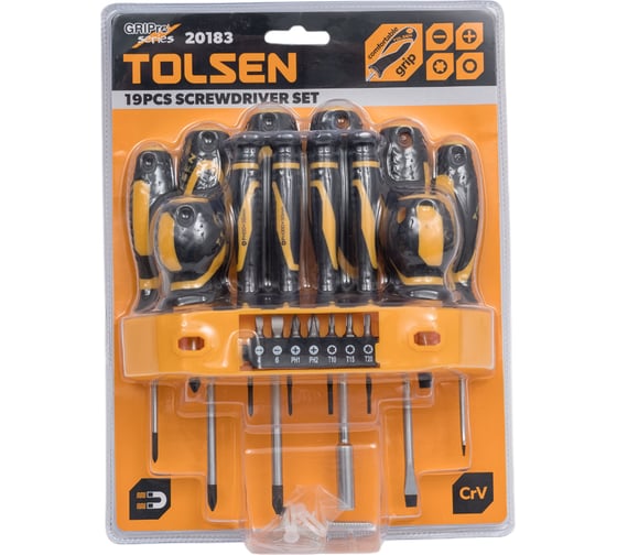 Изображение товара Набор отверток и вставок (бит) TOLSEN GRIPro подвесной, 19 предметов 20183