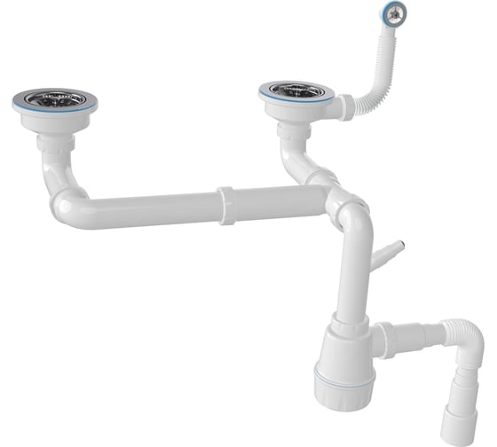 Изображение товара Сифон для керамической мойки Nova двойной с выпусками 3 1/2 разноуровневый, 60мм винт, круглый перелив 35мм, выход гибкая труба ø40/50 (старый 1195.401) 1196
