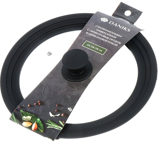 Изображение товара Крышка для посуды DANIKS стекло, 24/26/28 см, кнопка силикон, черный, glm-242628 272089