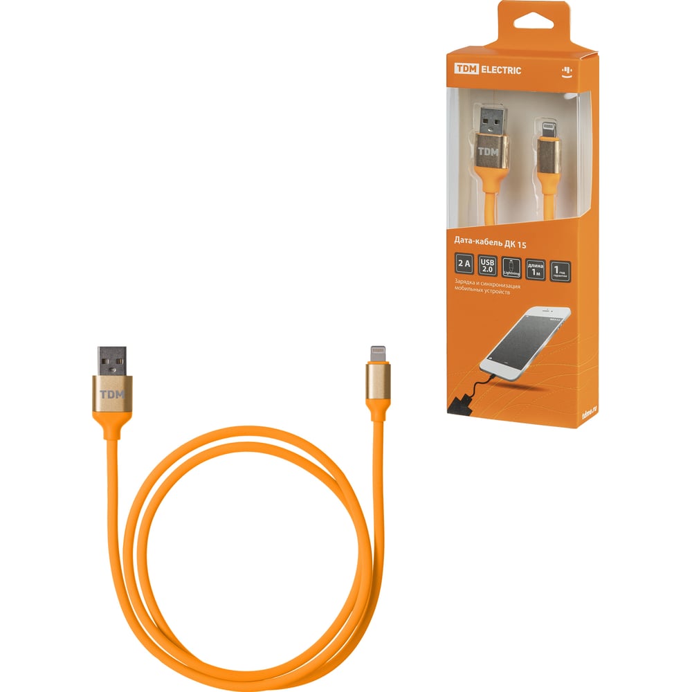 Изображение товара Дата-кабель TDM ELECTRIC ДК 15 USB - Lightning 1 м силиконовая оплетка оранжевый