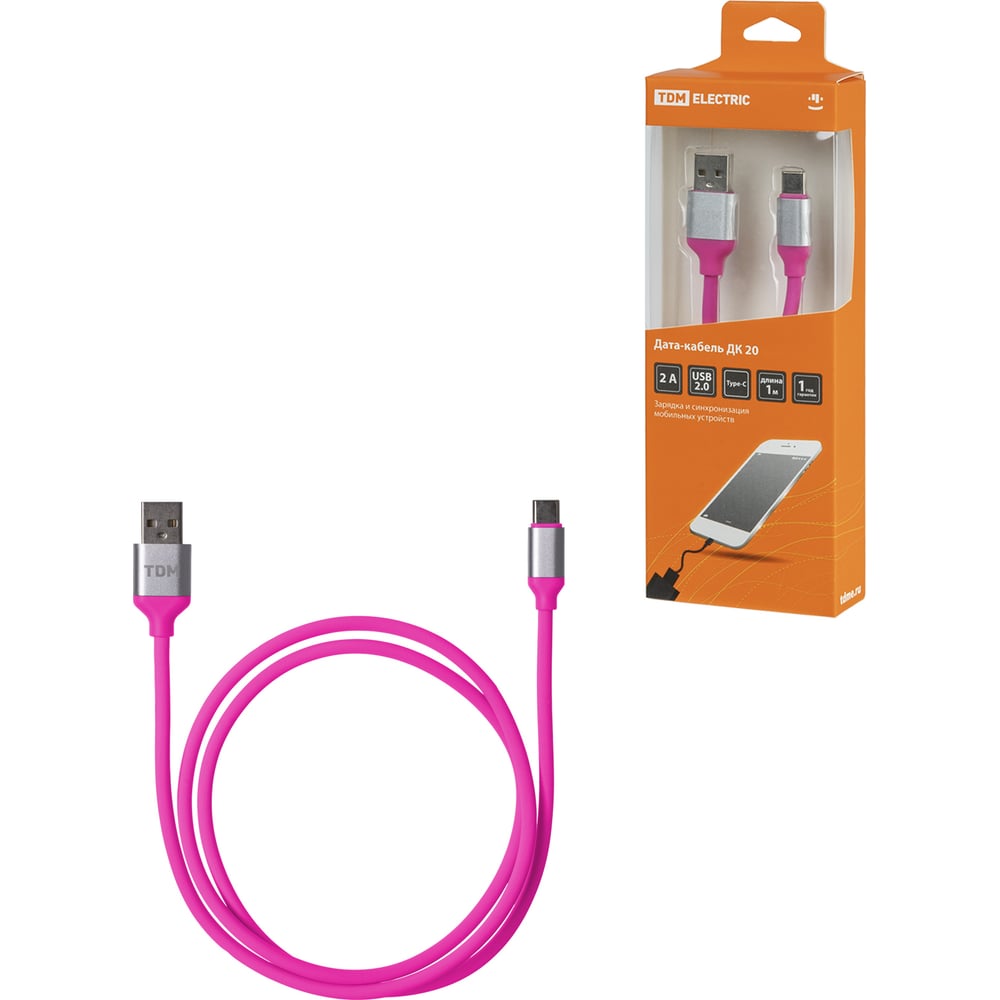 Изображение товара Дата-кабель TDM ELECTRIC ДК 20 USB Type-C 1м силиконовая оплетка розовый