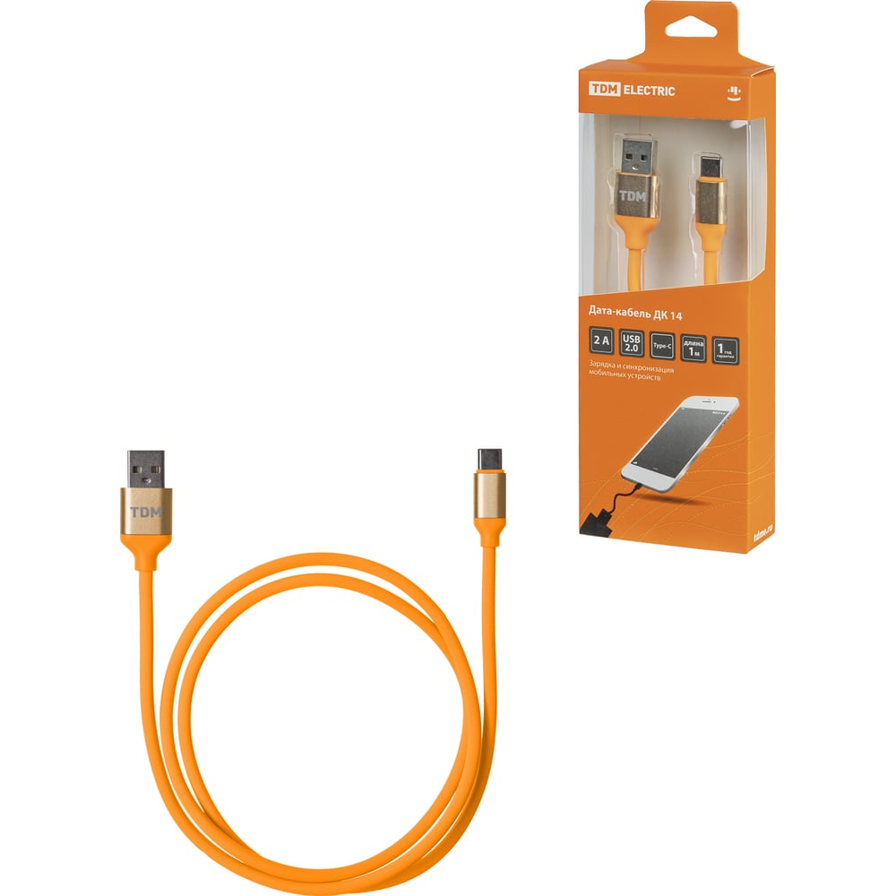 Изображение товара Дата-кабель TDM ELECTRIC ДК 14 USB Type-C 1 м силиконовая оплетка оранжевый