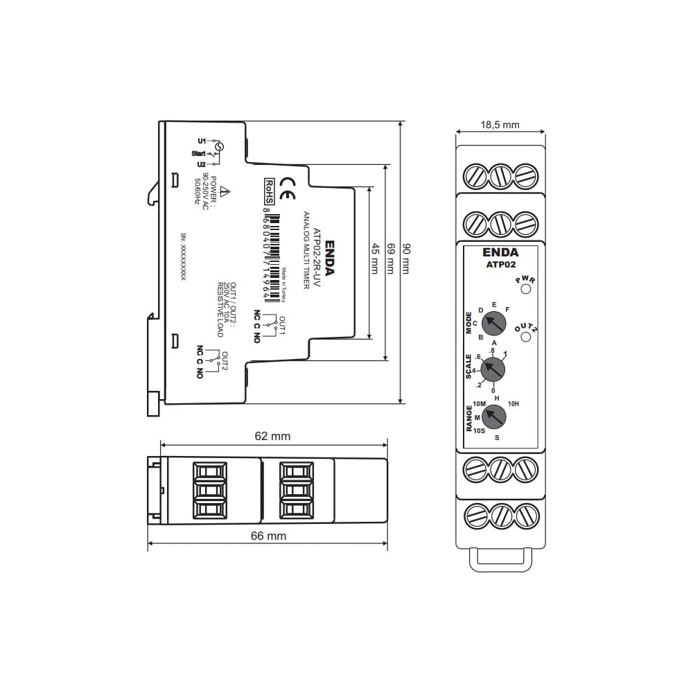 Изображение товара Многофункциональное реле времени ENDA ATF-02-2R UV на 10А 24В для монтажа на DIN-рейку