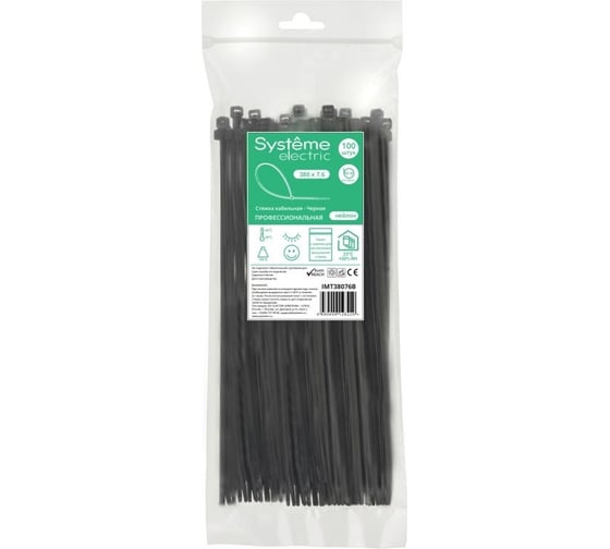 Изображение товара Кабельная стяжка Systeme Electric 380x7.6 мм, черная, 100 шт. IMT38076B