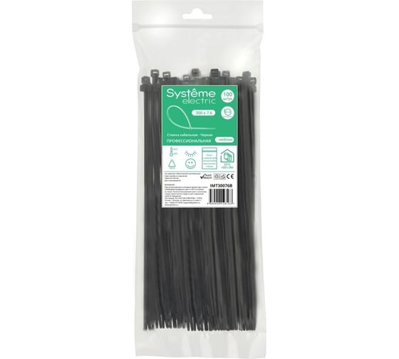 Изображение товара Кабельная стяжка Systeme Electric 300x7.6 мм, черная, 100 шт. IMT30076B
