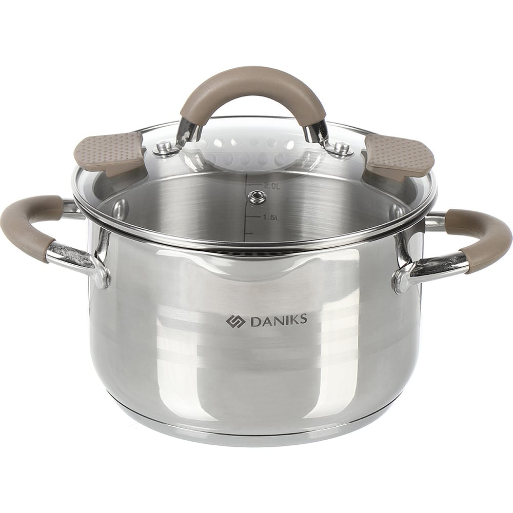 Изображение товара Кастрюля DANIKS 2.9 л из нержавеющей стали с стеклянной крышкой для индукции и газовых плит
