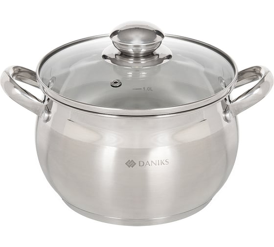 Изображение товара Кастрюля DANIKS 2.9 л, нержавеющая сталь, крышка стекло, классика, sd-18, индукция 204072